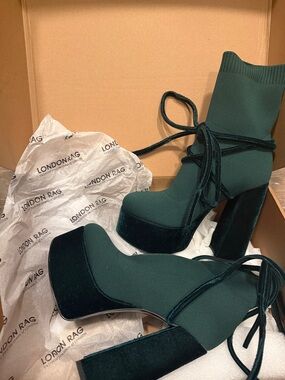 London Rag Dark Green Platform Lace-Up Sock Boot